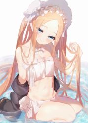 Rule 34 | 1girl, abigail williams (fate), abigail williams (swimsuit foreigner) (fate), abigail williams (swimsuit foreigner) (third ascension) (fate), bare shoulders, bikini, black jacket, blonde hair, blue eyes, bonnet, bow, breasts, closed mouth, fate/grand order, fate (series), forehead, hair bow, highres, jacket, long hair, maosame, miniskirt, navel, parted bangs, revision, sidelocks, skirt, small breasts, smile, swimsuit, twintails, very long hair, water, white bikini, white bow, white headwear