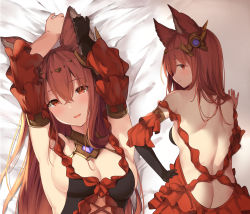 Rule 34 | 1girl, animal ears, anthuria, armpits, arms up, ass, blush, breasts, butt crack, closed mouth, erune, granblue fantasy, head tilt, long hair, looking at viewer, looking back, lying, medium breasts, multiple views, on back, open mouth, profile, red eyes, red hair, smile, suzuame yatsumi