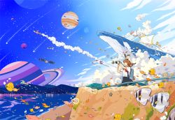 Rule 34 | 1girl, animal, animal on head, backpack, bag, blue skirt, blue sky, bow, bowtie, brown hair, camera, cat, cat on head, closed mouth, cloud, commentary request, day, fantasy, fish, flying fish, from side, jellyfish, jupiter (planet), keishin, manta ray, ocean, on head, original, outdoors, planet, pleated skirt, railing, red bow, red bowtie, saturn (planet), school uniform, shooting star, short hair, skirt, sky, smile, solo, standing, star (sky), starry sky, tropical fish, waves, whale