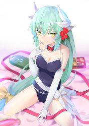 Rule 34 | 100, 100percent park, 1girl, absurdres, box, box of chocolates, breasts, elbow gloves, fate/grand order, fate (series), finger to mouth, flower, gloves, green hair, hair flower, hair ornament, highres, kiyohime (fate), kiyohime (swimsuit lancer) (second ascension) (fate), licking lips, long hair, looking at viewer, low ponytail, medium breasts, seiza, sitting, solo, tongue, tongue out, very long hair, yellow eyes