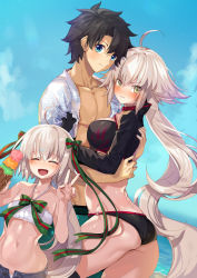 Rule 34 | 1boy, 2girls, ahoge, ass, bare shoulders, bikini, black bikini, black hair, black jacket, blue eyes, blue shorts, blue sky, blush, bow, breasts, collarbone, commentary request, day, embarrassed, closed eyes, fate/grand order, fate (series), floral print, food, fujimaru ritsuka (male), fujimaru ritsuka (male) (tropical summer), green bow, hair bow, hawaiian shirt, highres, holding, holding food, hug, ice cream, ice cream cone, jacket, jeanne d&#039;arc alter (swimsuit berserker) (fate), jeanne d&#039;arc (fate), jeanne d&#039;arc alter (fate), jeanne d&#039;arc alter (swimsuit berserker) (fate), jeanne d&#039;arc alter santa lily (fate), large breasts, long hair, looking at viewer, midriff, multiple girls, ocean, official alternate costume, open clothes, open shirt, outdoors, ponytail, ruri rarako, shirt, shorts, shrug (clothing), sky, striped, striped bow, swimsuit, tropical summer (fate), very long hair, wavy mouth, white bikini, white hair, white shirt, yellow eyes