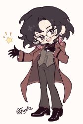 Rule 34 | 1boy, :d, black bow, black bowtie, black eyes, black footwear, black gloves, black hair, bow, bowtie, brown coat, brown pants, brown vest, chibi, coat, constantine xi (fate), earrings, eyewear strap, fate/grand order, fate (series), foxylia316, full body, glasses, gloves, hand on own chest, head tilt, highres, jewelry, looking at viewer, male focus, official alternate costume, open mouth, outstretched hand, pants, parted bangs, pinstripe pattern, pinstripe vest, round eyewear, shirt, shoes, short hair, simple background, smile, solo, star (symbol), striped, teeth, twitter username, upper teeth only, vest, white background, white shirt