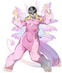 Rule 34 | angewomon, blonde hair, claw pose, cosplay, covered eyes, digimon, digimon (creature), fang, full body, head wings, helmet, helmet over eyes, highres, holydramon, holydramon (cosplay), long hair, onesie, open mouth, simple background, skin fang, white background, wings, youzaiyouzai112