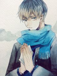 Rule 34 | 1boy, absurdres, blue eyes, blue hair, blue scarf, closed mouth, fingernails, gradient clothes, gradient scarf, hair between eyes, highres, male focus, multicolored hair, original, own hands together, painting (medium), remon (10112), scarf, solo, traditional media, upper body, watercolor (medium), white hair