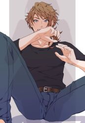 Rule 34 | 1boy, barefoot, belt, belt buckle, black shirt, blue eyes, blue pants, brown belt, brown hair, buckle, feet out of frame, grey background, hand over face, highres, looking at viewer, male focus, medium hair, mikage kojirou, pants, pillarboxed, protagonist (tokimemo gs4), sen3s, shirt, silhouette, solo focus, sweatdrop, tokimeki memorial, tokimeki memorial girl&#039;s side 4th heart