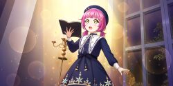 Rule 34 | 1girl, absurdres, beret, blunt bangs, blurry, blush, bokeh, book, candelabra, candle, candlestand, collared dress, depth of field, dress, fire, fire, hair ornament, hat, highres, holding, holding book, indoors, long sleeves, love live!, love live! nijigasaki high school idol club, love live! school idol festival all stars, low twintails, music, night, official art, open mouth, pink hair, sash, short hair, singing, solo, spotlight, star (symbol), star hair ornament, tennoji rina, tree, twintails, window, yellow eyes