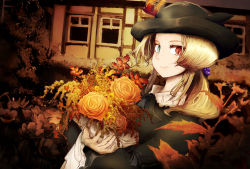 Rule 34 | 10s, 1girl, black dress, blonde hair, bouquet, closed mouth, dress, feathers, final fantasy, final fantasy xiv, flower, garden, green eyes, hat, hat feather, heterochromia, highres, holding, leaf, long hair, looking at viewer, miqo&#039;te, red eyes, smile, solo, upper body, yoshioka yoshiko
