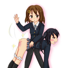 Rule 34 | 2girls, ahegao, ass, black hair, black legwear, blush, brown hair, clothes lift, crying, crying with eyes open, drooling, frown, hirasawa yui, k-on!, long hair, multiple girls, nakano azusa, open mouth, panties, panty pull, pantyhose, school uniform, short hair, skirt, skirt lift, spanked, spanking, tears, underwear, white background, white panties