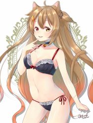 Rule 34 | 1girl, animal ears, black bra, black panties, bra, breasts, brown eyes, cat ears, cat tail, cleavage, commentary request, cowboy shot, hair flaps, heterochromia, highres, joujou, kantai collection, lace, lace bra, lace panties, light brown hair, long hair, looking at viewer, medium breasts, murasame (kancolle), one-hour drawing challenge, panties, parted lips, red eyes, smile, solo, tail, twitter username, two side up, underwear, underwear only