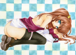 Rule 34 | 1girl, all fours, aoi yuuka (ao no kokoro), aqua eyes, ass, back, bare back, bare shoulders, black thighhighs, blue eyes, bottomless, breasts, brown hair, checkered background, colored pencil (medium), hair bobbles, hair ornament, marker (medium), nipples, no panties, no pants, off shoulder, open clothes, open shirt, original, panties, panty pull, pastel (medium), school uniform, shirt, solo, thighhighs, traditional media, twintails, underwear