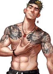 Rule 34 | 1boy, abs, bara, bracelet, greenteaa, hat, highres, jewelry, large pectorals, male focus, mature male, muscular, muscular male, navel, necklace, nipples, original, pectorals, short hair, solo, spiked hair, tattoo, thick eyebrows, topless male