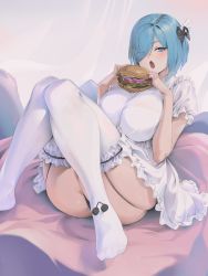 Rule 34 | 1girl, ass, black bow, blue eyes, blue hair, blush, bob cut, bow, breasts, burger, copyright request, eyes visible through hair, food, hair bow, highres, holding, holding food, huge ass, inverted bob, knees together feet apart, large breasts, looking at viewer, one eye covered, open mouth, puffy short sleeves, puffy sleeves, shirt, short hair, short sleeves, sitting, solo, symbol-only commentary, thighhighs, white shirt, white thighhighs, wonchun