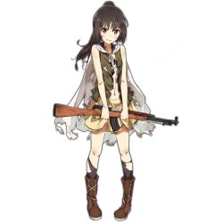 Rule 34 | 1girl, assault rifle, black legwear, blush, boots, brown eyes, brown hair, cape, damaged, full body, girls&#039; frontline, gun, holding, holding gun, holding weapon, long hair, looking at viewer, navel, official art, parted lips, ponytail, rifle, shirt, skirt, sleeveless, solo, standing, tomato (lsj44867), torn cape, torn clothes, torn legwear, torn shirt, torn skirt, transparent background, type 63 (girls&#039; frontline), type 63 assault rifle, weapon, white cape