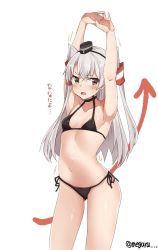Rule 34 | 1girl, alternate costume, amatsukaze (kancolle), armpits, bikini, black bikini, blush, commentary request, hair between eyes, hair tubes, highres, kantai collection, long hair, looking at viewer, meguru (megurunn), navel, open mouth, outstretched arms, side-tie bikini bottom, silver hair, simple background, smokestack, smokestack hair ornament, solo, standing, swimsuit, translation request, two side up, white background