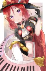 Rule 34 | 1girl, absurdres, artist name, artist request, black dress, black gloves, black hat, blush, breasts, dress, feathers, female focus, gloves, hair between eyes, hat, hat feather, highres, instrument, looking at viewer, love live!, love live! school idol project, neckerchief, nishikino maki, pants, parted lips, piano, purple eyes, red hair, red skirt, short hair, shorts, shorts under skirt, sitting, skirt, small breasts, smile, solo, star (symbol), star print, striped clothes, striped dress, sunya (honorin-yuunibo), sunya (honorin megumin), sunya (pixiv17390904), vertical-striped clothes, vertical-striped dress, white feathers, white legwear, white neckerchief, white pants, white shorts