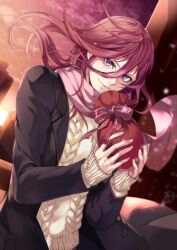 Rule 34 | 1boy, black jacket, blue lock, cable knit, chigiri hyoma, floating hair, gift, hair between eyes, halu-ca, highres, holding, holding gift, jacket, long hair, long sleeves, looking at viewer, male focus, pink eyes, pink scarf, red hair, scarf, smile, solo, sunset, sweater, upper body, valentine, white sweater
