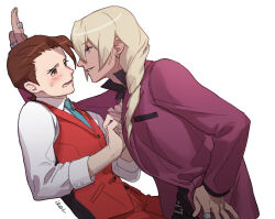 Rule 34 | 2boys, absurdres, ace attorney, antenna hair, apollo justice, aqua necktie, artist name, belt, black belt, black pants, black shirt, blonde hair, blue eyes, blush, brown eyes, brown hair, buttons, collared shirt, dark-skinned male, dark skin, earrings, eye contact, forked eyebrows, from side, hair over shoulder, hand on another&#039;s chest, hand on own hip, highres, jacket, jewelry, kabedon, keapriciti, klavier gavin, lapel pin, lapels, long sleeves, looking at another, male focus, medium hair, multiple boys, multiple rings, necktie, open clothes, open collar, open jacket, open mouth, pants, pocket, popped collar, profile, purple jacket, red pants, red vest, ring, shirt, short hair, simple background, sleeve cuffs, sweat, thumb ring, twisted hair, upper body, vest, wavy mouth, white background, white shirt, yaoi