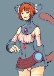 Rule 34 | 1girl, animal ears, animal hood, blue eyes, breasts, breath of fire, breath of fire v, cat ears, cat hood, closed mouth, commentary, dress, gloves, highres, hood, kannoaki, lin (breath of fire), looking at viewer, orange hair, short hair, simple background, smile, solo, standing, tail, thighhighs