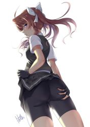 Rule 34 | 1girl, ahoge, ass grab, bike shorts, black gloves, black shorts, brown hair, commentary request, cowboy shot, fingerless gloves, from behind, from below, gloves, grabbing own ass, hair ribbon, hassen (8cm), kagerou (kancolle), kagerou kai ni (kancolle), kantai collection, long hair, looking at viewer, ribbon, school uniform, shirt, short sleeves, shorts, shorts under skirt, solo, twintails, white ribbon, white shirt