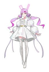 Rule 34 | 1girl, blunt bangs, boots, bow, bowtie, commentary, cross-laced footwear, dress, facial tattoo, full body, hair ornament, hair tubes, hairclip, highres, lace-up boots, lam (ramdayo), long hair, long sleeves, looking at viewer, official art, puffy long sleeves, puffy sleeves, purple bow, purple eyes, purple hair, purple ribbon, rabbit tattoo, ribbon, simple background, smile, solo, standing, tattoo, thigh boots, thighhighs, twintails, vocaloid, voiceroid, white background, white dress, white footwear, white thighhighs, yuzuki yukari, yuzuki yukari (mu)