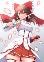 Rule 34 | 1girl, absurdres, asuna (sao), bow, brown eyes, brown hair, closed mouth, commentary request, gradient background, grey background, hair between eyes, hair bow, hair tubes, hakurei reimu, highres, holding, holding sword, holding weapon, looking at viewer, medium hair, red bow, red skirt, skirt, solo, sword, sword art online, thighhighs, thighs, tokyo yamane, touhou, weapon, white thighhighs