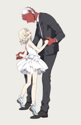 Rule 34 | 2boys, age difference, blonde hair, bow, colored skin, crossdressing, demon, demon boy, dress, eye contact, formal, full body, grey background, holding hands, horns, looking at another, looking down, looking up, male focus, mary janes, montanyaoh, multiple boys, necktie, open mouth, original, parted lips, red skin, shoes, simple background, size difference, smile, socks, standing, standing on another&#039;s feet, suit, tiptoes, trap, white dress, white hair, white legwear
