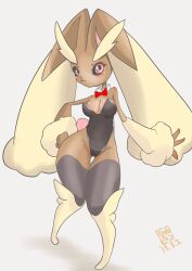 Rule 34 | 1girl, :3, @reynard f c, animal ears, bare legs, black leotard, breasts, cleavage, colored sclera, creatures (company), curvy, dated, furry, furry female, game freak, gen 4 pokemon, hand on own hip, highleg, highleg leotard, highres, leotard, lopunny, medium breasts, nintendo, pink eyes, playboy bunny, pokemon, rabbit ears, rabbit girl, rabbit tail, simple background, solo, tail, thighs, wide hips
