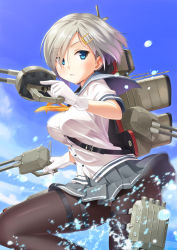 Rule 34 | 10s, 1girl, black pantyhose, blue eyes, breasts, gloves, gun, hair ornament, hair over one eye, hairclip, hamakaze (kancolle), highres, impossible clothes, kantai collection, large breasts, md5 mismatch, panties, panties under pantyhose, pantyhose, pantyshot, personification, resized, resolution mismatch, sawada yuusuke, school uniform, serafuku, short hair, silver hair, skirt, solo, source smaller, thigh strap, underwear, upscaled, upskirt, water, weapon