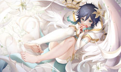 Rule 34 | 1boy, alternate costume, androgynous, apple, barefoot, black hair, blue eyes, blue hair, braid, bridal gauntlets, capelet, covered mouth, crop top, elbow gloves, feathered wings, feet, flower, food, fruit, fukuzawa yukichi (egoist867), genshin impact, gloves, gold trim, gradient hair, hair flower, hair ornament, highres, holding, holding food, holding fruit, hood, hooded capelet, looking at viewer, male focus, multicolored hair, short hair with long locks, shorts, single thighhigh, soles, solo, thighhighs, toeless legwear, twin braids, venti (archon) (genshin impact), venti (genshin impact), white flower, white gloves, white shorts, white wings, wings