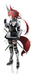 Rule 34 | 1girl, absurdres, animal ears, arknights, armor, black thighhighs, brown eyes, clenched hand, flametail (arknights), full body, gauntlets, greaves, highres, lsha, pouch, red hair, squirrel ears, squirrel tail, sword, tail, thigh strap, thighhighs, weapon, white background