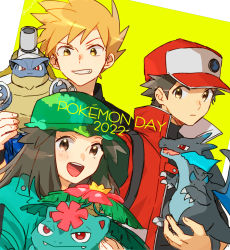 Rule 34 | 1girl, 2022, 2boys, anniversary, baseball cap, blastoise, blue jacket, blue oak, blue oak (sygna suit), brown eyes, brown hair, buttons, character doll, charizard, claws, closed mouth, coat, commentary request, copyright name, creatures (company), doll, dragon, fangs, game freak, gen 1 pokemon, green headwear, green jacket, grin, hat, highres, hinata (ryohinata), holding, holding doll, jacket, leaf (pokemon), leaf (sygna suit) (pokemon), looking at viewer, mega blastoise, mega charizard x, mega pokemon, mega venusaur, multiple boys, nintendo, official alternate costume, pokemon, pokemon (creature), pokemon masters ex, red (pokemon), red (sygna suit) (pokemon), red coat, red headwear, short hair, sleeveless, sleeveless coat, smile, spiked hair, starter pokemon trio, strap, venusaur