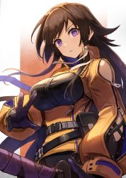 Rule 34 | 1girl, bare shoulders, belt, belt pouch, black gloves, breasts, brown hair, framed breasts, gloves, gradient background, hair ribbon, highres, holding, holding sword, holding weapon, kuroi susumu, large breasts, long hair, long sleeves, looking at viewer, muv-luv, muv-luv: dimensions, muv-luv alternative, muv-luv total eclipse, orange background, parted lips, pouch, puffy long sleeves, puffy sleeves, purple eyes, ribbon, sheath, sheathed, sidelocks, solo, sword, takamura yui, underbust, unzipped, v-shaped eyebrows, very long hair, weapon, white ribbon