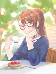 Rule 34 | 1girl, absurdres, asymmetrical bangs, beatrix (granblue fantasy), bespectacled, blurry, breasts, brown hair, cake, cleavage, collarbone, commentary request, contemporary, cup, depth of field, elbow rest, food, fork, glasses, granblue fantasy, grin, highres, holding, lips, long hair, long sleeves, looking at viewer, medium breasts, pink lips, ponytail, red-framed eyewear, renzu (lens 02), semi-rimless eyewear, sitting, smile, solo, tea, teacup, upper body, yellow eyes