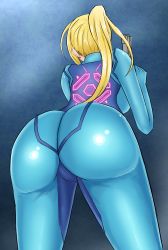 Rule 34 | 1girl, against wall, artist request, ass, ass focus, blonde hair, bodysuit, breasts, cameltoe, from behind, gun, highres, holding, holding gun, holding weapon, huge ass, large breasts, metroid, metroid: zero mission, nintendo, ponytail, samus aran, thigh gap, thighs, weapon, zero suit