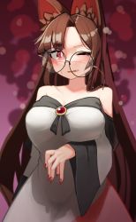 Rule 34 | 1girl, absurdres, animal ear fluff, animal ears, bare shoulders, blurry, blush, breasts, bright pupils, brooch, brown hair, cowboy shot, depth of field, dress, fang, highres, imaizumi kagerou, jewelry, large breasts, long hair, long sleeves, looking at viewer, nail polish, off-shoulder dress, off shoulder, one eye closed, open mouth, purple background, red eyes, red nails, round eyewear, simple background, solo, touhou, very long hair, white dress, wide sleeves, wolf ears, zakozako y