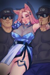 1girl 2boys :o abs absurdres ahri_(league_of_legends) animal_ears arm_around_shoulder armpits black_shirt blonde_hair blue_dress blush breasts collarbone djcomps dress facial_mark fox_ears fox_girl groin heart_o-ring highres jewelry k/da_(league_of_legends) k/da_ahri large_breasts league_of_legends long_hair multiple_boys nipples no_panties pussy security_guard shirt teeth thighlet upper_teeth_only whisker_markings