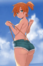 Rule 34 | 1girl, ass, blue eyes, breasts, cloud, convenient censoring, creatures (company), game freak, looking at viewer, looking back, misty (pokemon), nintendo, noripachi, one side up, orange hair, pokemon, pokemon (anime), pokemon (classic anime), short shorts, shorts, sky, solo, suspenders, topless, wet