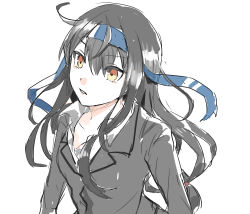 Rule 34 | 1girl, black jacket, blue headband, hagioshi, hair between eyes, hatsushimo (kancolle), hatsushimo kai ni (kancolle), headband, highres, jacket, kantai collection, long hair, low-tied long hair, orange eyes, parted lips, simple background, sketch, solo, upper body, white background