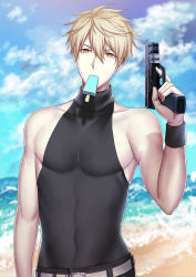 Rule 34 | 1boy, arm up, arthur pendragon (fate), arthur pendragon alter (fate), artoria pendragon (alter swimsuit rider) (fate), artoria pendragon (alter swimsuit rider) (fate) (cosplay), artoria pendragon (alter swimsuit rider) (first ascension) (fate), artoria pendragon (fate), bad id, bad pixiv id, bare shoulders, beach, belt, belt buckle, blonde hair, blue sky, buckle, cloud, collarbone, commentary request, cosplay, covered navel, day, fate/grand order, fate (series), food, food in mouth, gun, hair between eyes, highres, holding, holding gun, holding weapon, kuraka, looking at viewer, male focus, mouth hold, outdoors, popsicle, skin tight, sky, sweatband, upper body, v-shaped eyebrows, weapon, yellow eyes