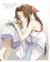 Rule 34 | 1girl, aerith gainsborough, bare arms, bare shoulders, bouquet, braid, braided ponytail, breasts, brown hair, closed eyes, crisis core final fantasy vii, dated, dress, feet out of frame, final fantasy, final fantasy vii, flower, gradient background, grey background, hair ribbon, highres, holding, holding bouquet, long hair, medium breasts, parted bangs, pink ribbon, ribbon, sidelocks, sitting, sleeveless, sleeveless dress, smile, solo, square enix, sundress, sunflower, talesofmea, white dress