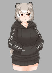 Rule 34 | 1girl, absurdres, alternate costume, animal ears, bear ears, bear girl, bear tail, brown eyes, closed mouth, collarbone, cropped legs, grey background, grey hair, grizzly bear (kemono friends), hands in pockets, highres, hood, hood down, hoodie, kemono friends, long sleeves, looking to the side, medium hair, multicolored hair, nanoder, pocket, simple background, solo, straddling, tail, tsurime, two-tone hair, v-shaped eyebrows, white hair