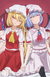Rule 34 | 2girls, absurdres, ascot, bat wings, beckody, black socks, blonde hair, blue gemstone, blue hair, closed eyes, commentary, crystal, flandre scarlet, gem, hat, hat ribbon, highres, holding hands, jewelry, leaning on person, leaning to the side, light blush, mob cap, multicolored wings, multiple girls, open mouth, pendant, puffy short sleeves, puffy sleeves, red ascot, red skirt, red vest, remilia scarlet, ribbon, short hair, short hair with long locks, short sleeves, siblings, side ponytail, sisters, sitting, skirt, skirt set, sleeping, socks, touhou, vest, white hat, white socks, wings, yellow ascot
