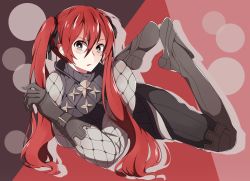 Rule 34 | 1girl, armor, bad id, bad pixiv id, belt, black eyes, boots, breasts, fire emblem, fire emblem fates, gloves, hair between eyes, hair ribbon, highres, long hair, looking at viewer, lying, nintendo, on stomach, open mouth, pants, polka dot, polka dot background, red eyes, red hair, ribbon, selena (fire emblem fates), shayuheisi, solo, twintails, very long hair