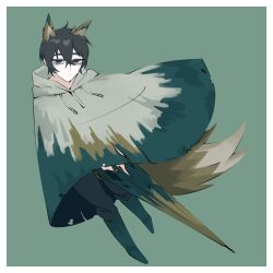 Rule 34 | 1boy, animal ears, black eyes, black hair, border, cloak, e.g.o (project moon), fox ears, fox tail, green background, highres, holding, holding umbrella, hood, hood down, hooded cloak, limbus company, looking at viewer, male focus, no 710, project moon, simple background, solo, tail, umbrella, white border, white cloak, yi sang (project moon)