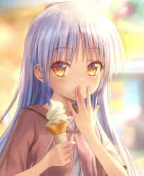 1girl angel_beats! brown_jacket comiket_105 commentary_request covering_own_mouth food goto_p half_updo holding holding_ice_cream_cone hood hooded_jacket ice_cream ice_cream_cone jacket long_hair looking_at_viewer soft_serve solo tachibana_kanade upper_body white_hair yellow_eyes