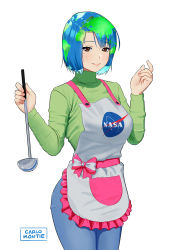 Rule 34 | 1girl, aged up, apron, arms up, artist name, blue hair, blue pants, bow, breasts, brown eyes, carlo montie, closed mouth, denim, earth-chan, frilled apron, frills, green hair, green shirt, highres, holding, jeans, ladle, legs together, long sleeves, looking at viewer, mature female, medium breasts, mole, mole under eye, multicolored hair, nasa logo, original, pants, parted bangs, personification, pink bow, shirt, short hair, simple background, smile, solo, standing, striped, striped bow, turtleneck, two-tone bow, two-tone hair, waist apron, white apron, white background, white bow