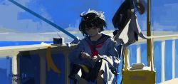 Rule 34 | 1girl, black eyes, black hair, blue sky, chair, closed mouth, day, expressionless, fishing rod, folding chair, highres, holding, long sleeves, looking at viewer, neckerchief, original, outdoors, pleated skirt, red neckerchief, sailor collar, school uniform, serafuku, shirt, short hair, sitting, skirt, sky, solo, string, uniform, white shirt, xilmo