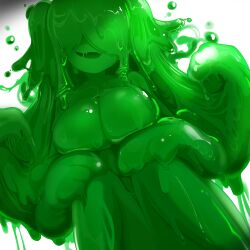 Rule 34 | 1girl, breasts, cleavage, facing viewer, hair over eyes, highres, hikyou takarasou, large breasts, long hair, monster girl, open mouth, original, slime girl, solo, squatting, white background