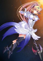 Rule 34 | 1girl, absurdres, armor, blonde hair, boots, breasts, bustier, circlet, cleavage, demon girl, demon horns, detached sleeves, dress, feathered wings, full body, gloves, high ponytail, highres, holding, holding weapon, horns, large breasts, long hair, looking at viewer, low wings, lucifer (sin nanatsu no taizai), lucifer (the seven deadly sins), pointy ears, polearm, puff and slash sleeves, puffy short sleeves, puffy sleeves, red eyes, short sleeves, simple background, sin nanatsu no taizai, smile, solo, spear, the seven deadly sins, very long hair, weapon, white dress, white gloves, wings