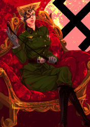Rule 34 | 1girl, blonde hair, blue eyes, boots, chair, crossed legs, cyborg, flattop, genderswap, genderswap (mtf), holding, holding riding crop, jojo no kimyou na bouken, licking lips, nazi, red upholstery, riding crop, rudolph von stroheim, short hair, sitting, solo, sparkle, swastika, tongue, tongue out, uniform, whip, xxwktxx